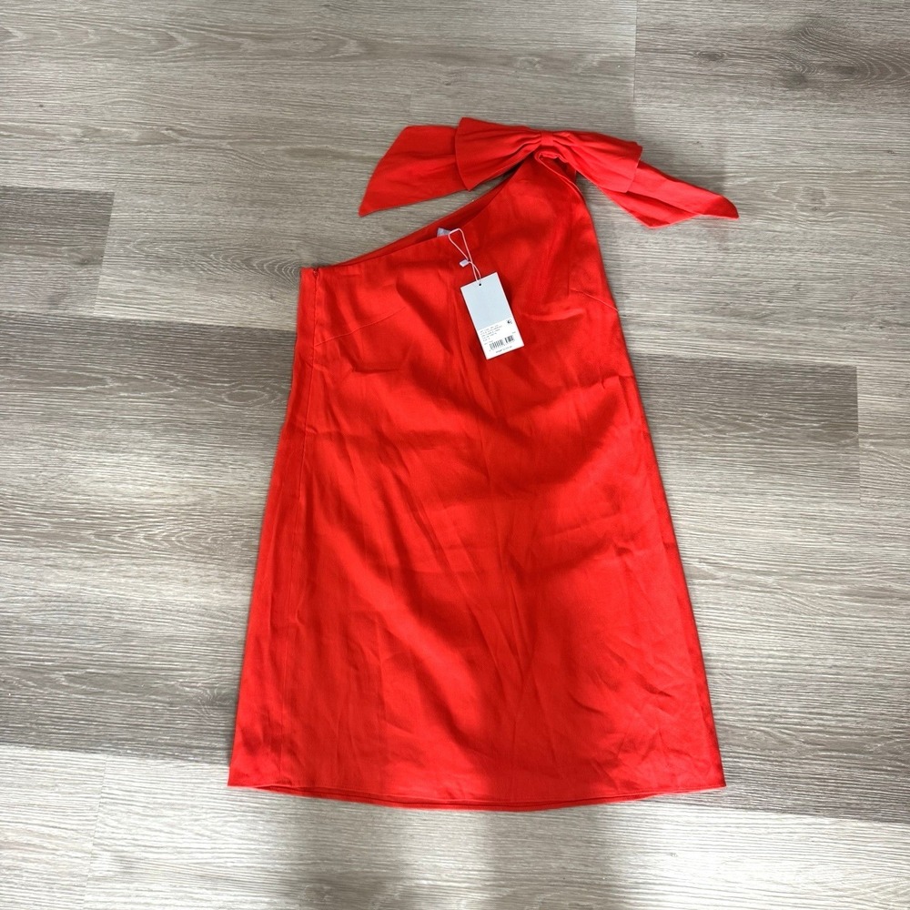 Anthropologie Charlie Linen Dress Womens 6 Fiesta Red One Shoulder Bow Mini